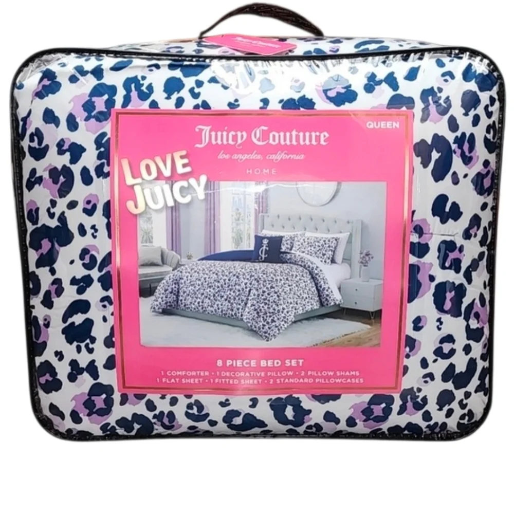 Juicy Couture 8 Piece Queen Comforter Bed Set Leopard Print White & Blue - New